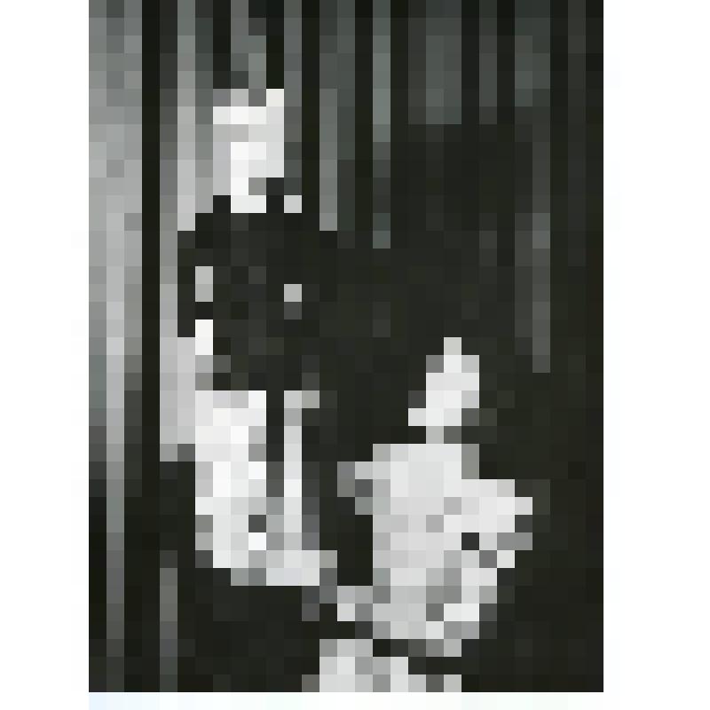 Фотография. А. Еримян с куклой "Храбрый Назар". В кружевном платье смотрит на куклу - тростевая, женщина в национальном костюме