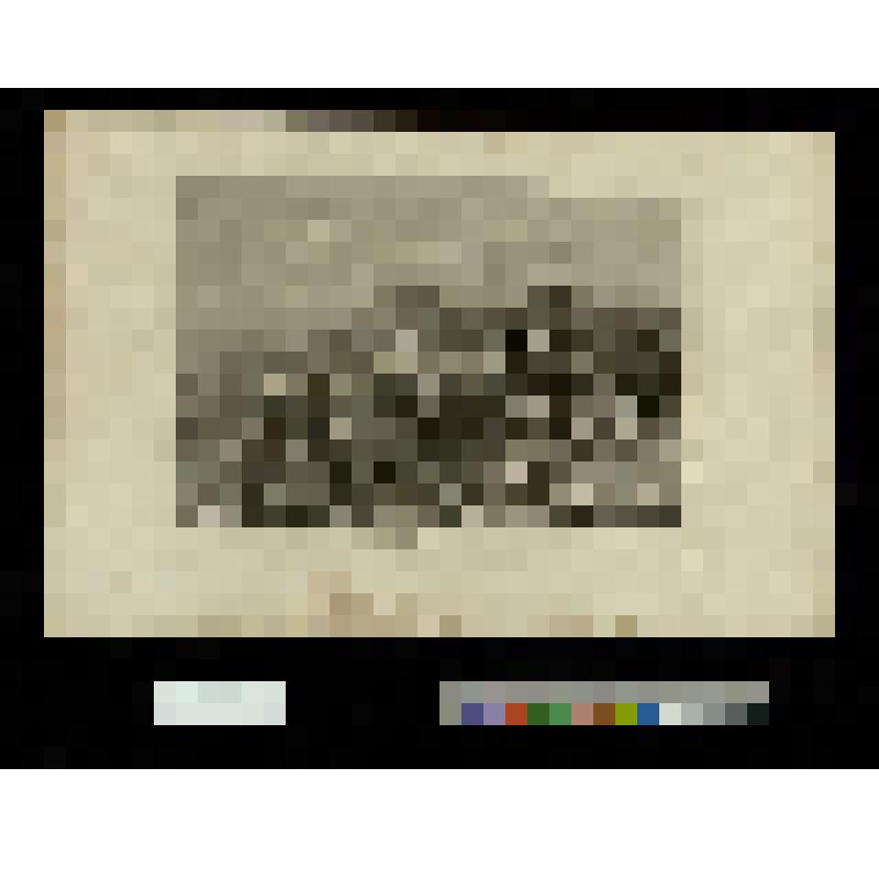 Пейзаж Назарета на фоне остроконечной горы, над зданиями возвышается минарет, на переднем плане руины с аркой, справа - человек с кувшином на голове и старик, сидящий у колодца