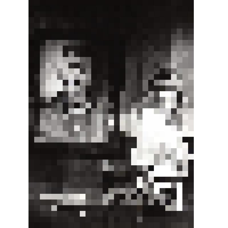 Фотография. Мари-Эльтс - Л. Орлова - стоит за прилавком, победренно, в профиль, голова - фас, левая рука согнута, в белом халате, перед ней - весы, слева - висит портрет Сталина. "Совесть". Эстония, Тарту. Государственный академический театр "Ванемуйне"