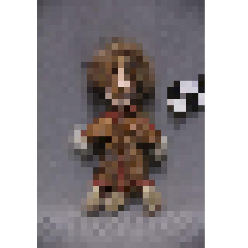 коллекция В.Ф. Лагодича. Фигурка «предка». Деревянная статуэтка человека. Одежда и лицо из медной фольги. Головной убор с длинным хвостом также как рукавицы и обувь из меха. Одежда украшена полосками из красной кожи