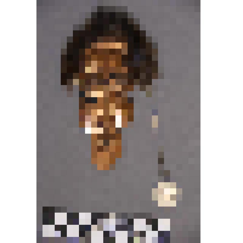 коллекция В.Ф. Лагодича. Талисман на металлической пластине в виде лица человека. С прорезанными глазами, ноздрями и ртом. В меховом головном уборе. В левом ухе серьга (на плющеной цепочки 10 рублевая монета 1992 года)