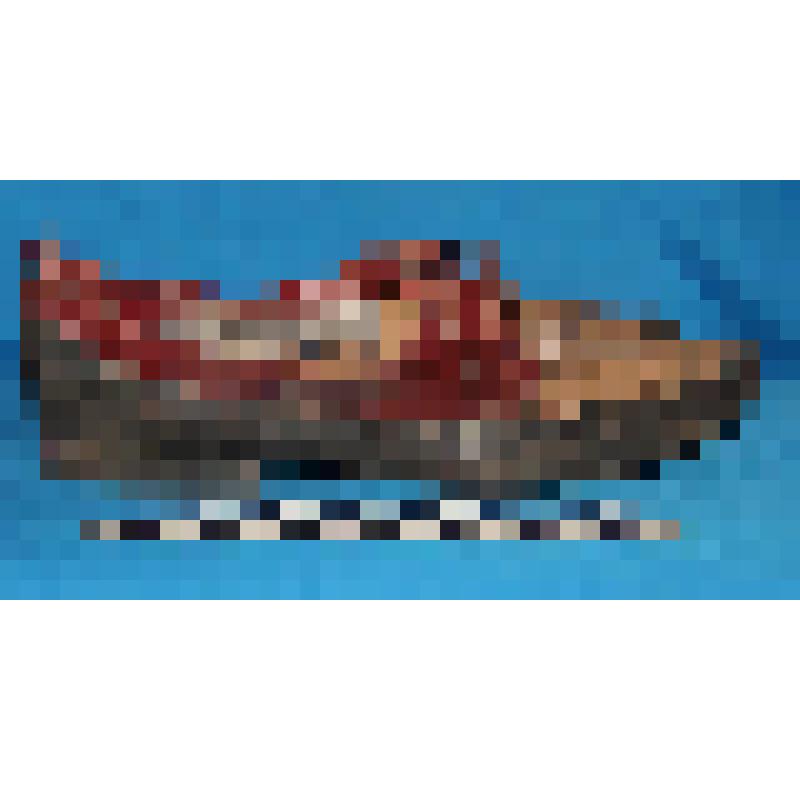 Обувь XIX-XX вв. Туфля правая женская кожанная, подошва и низ черного цвета, носки желтого цвета, боковые части бордового цвета, завязываются на шнурки. Нижняя часть с верхней сшита швом "козлик"