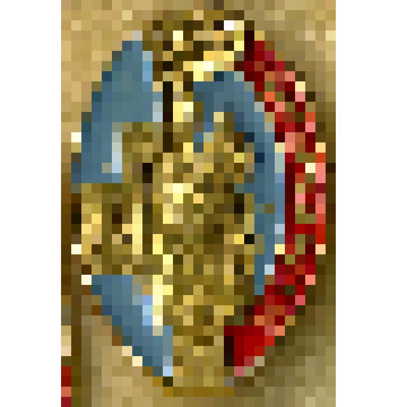 Значок нагрудный "г.Волгодонск" овальной формы, золотистого, голубого и красного цветов, с изображением фрагмента памятника "Монумент строителям", с булавочным креплением