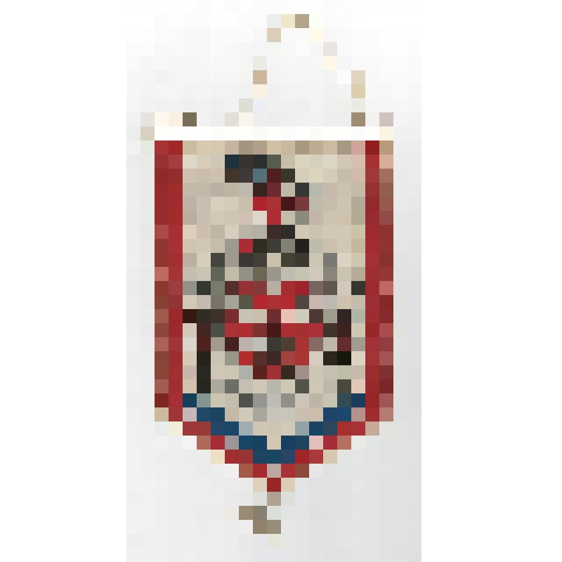 Знамена, флаги, вымпела. Вымпел с надписью: "Росохотрыболовсоюз", из ткани, с изображением на щите стилизованного охотника с луком и стрелами, ниже охотничьи трофеи. Пятиугольной формы, обрамлен капроновой нитью белого цвета, с полосками красного и синего