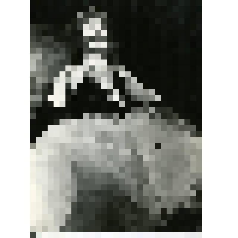 Фотография. "Квартира Коломбины". Пьеро - А. Леонтьев - стоит, поколенно, 3/4 влево, руками держит легкую юбку с блестками, в женск. парике, в перчатках; с усами. "Квартира Коломбины" (пост. Р. Виктюк, худ. В. Бойер). Москва, Московский театр "Современник