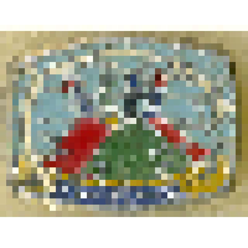 Значок нагрудный "У тихого Дона" подпрямоугольной формы, с изображением четырех танцующих казачек. Серебристого, голубого, желтого, синего, белого, красного, зеленого, черного цветов, с булавочным креплением