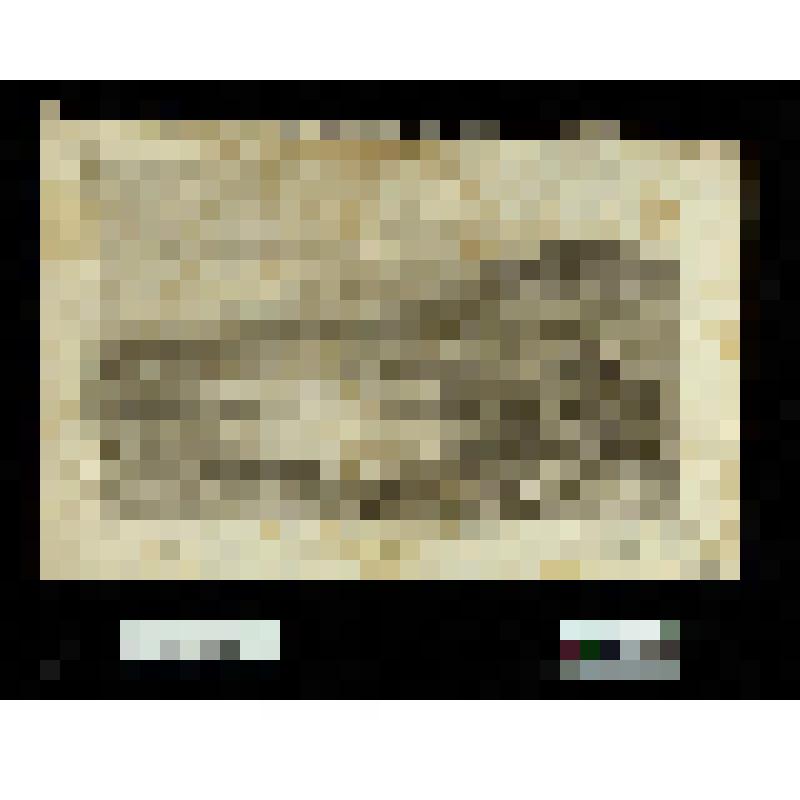 Вид горы Фудзи: справа две высоких горы, левее озеро, на берегу его домики, на первом плане три дерева с искривленными стволами