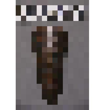 коллекция В.Ф. Лагодича. Талисман на металлической пластине, по мотивам изваяний окуневской культуры. Каплевидной формы с изображением женской фигуры с грудями. С пышными волосами, сережками. В центральной части 2 волнистые линии  (змеи?)