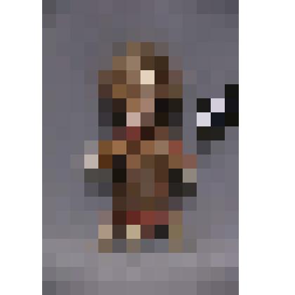 коллекция В.Ф. Лагодича. Фигурка «предка». Деревянная статуэтка человека. Одежда и лицо из медной фольги. Головной убор с длинным хвостом также как рукавицы и обувь из меха. Одежда украшена полосками из красной кожи