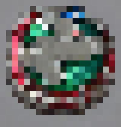 Значок круглой формы с изображением на зеленом фоне Снеовика с гармошкой и надписью "Сновым годом"